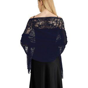 Women Blue Lace Floral Shawls and Wraps Bridal HeadScarf for Evening Dress